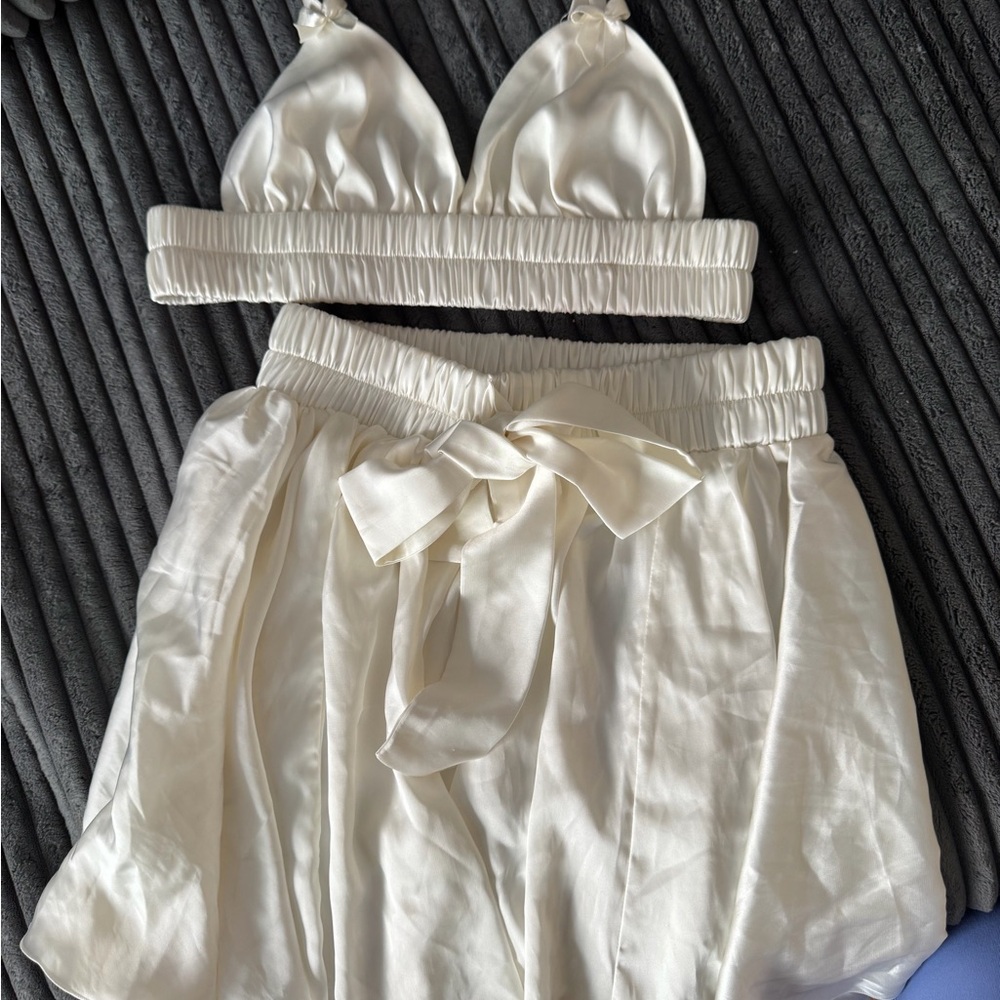 Ivory Satin Bra Top & Skirt Set